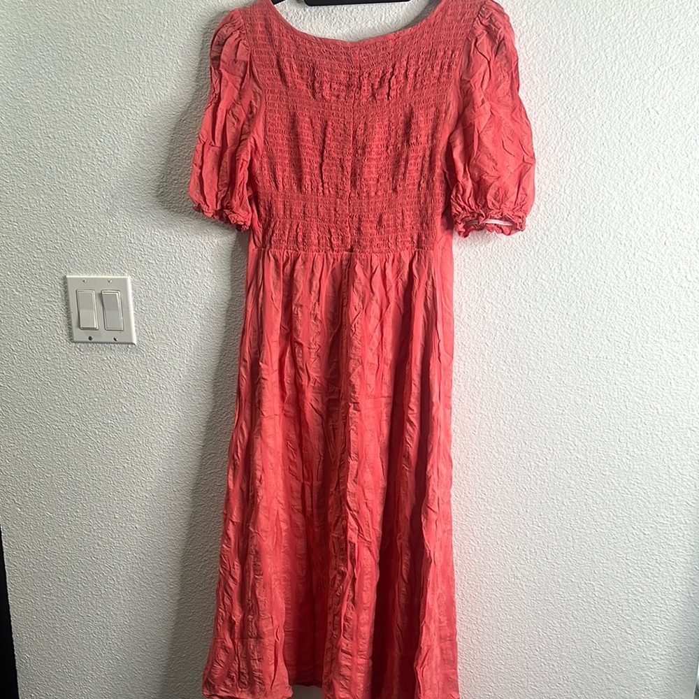 Nines by hutch coral pink stripes midi dress size small vneck smocked back - Picture 8 of 10